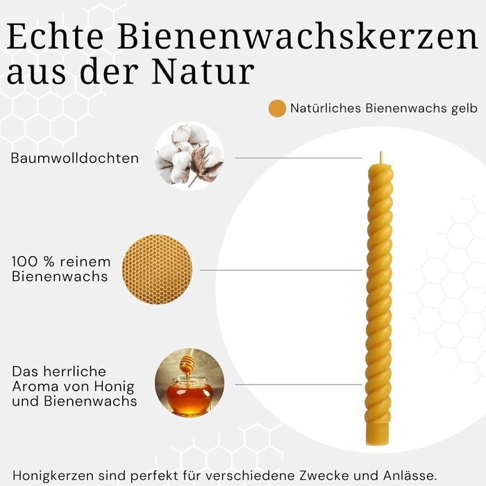 Набір з 4 конічних спіральних свічок 2 х 25 см з бджолиного воску, жовтий Danilovo