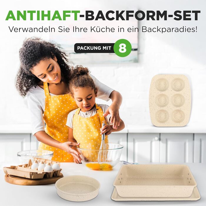 Набір форм для випічки NutriChef - Набір із 8 антипригарних форм для випічки - Без PFOA, PFOS, PTFE, придатний для використання в духовці до 232C - Кругла форма для випічки, форма для хліба, форма для мафінів та форма для дека, придатна для миття в посудо