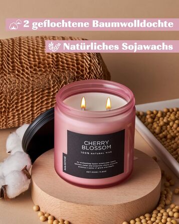 Ароматичні свічки M&SENSE з кавою у скляній банці з 2 гнітами 330 г, час горіння 70 годин, свічка з натурального соєвого воску для спальні, кухні, декору дому, подарункова свічка для чоловіків та жінок, смажена кава (цвітіння вишні)