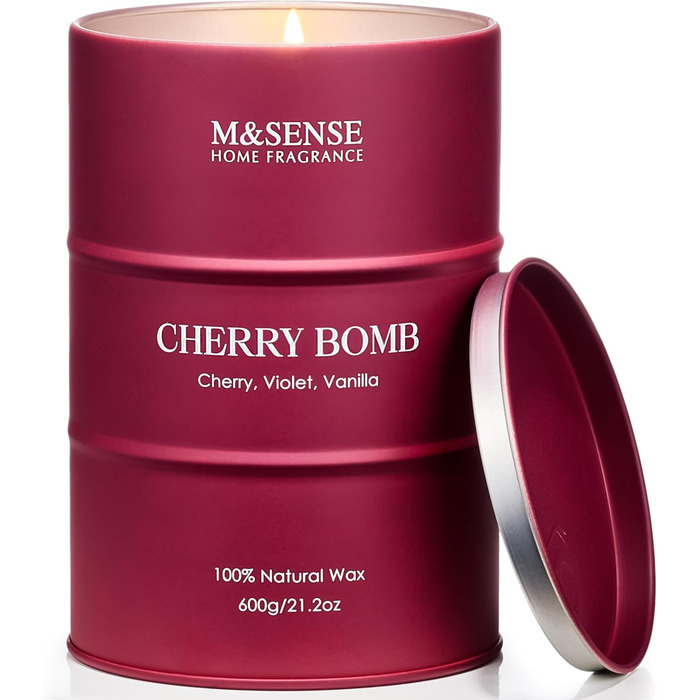 Ароматичні свічки M&SENSE з натурального соєвого воску, натуральна соєва свічка для домашнього декору, тривалий час горіння до 70 годин, класні подарунки-свічки для чоловіків і жінок (600 г, вишнева бомба)