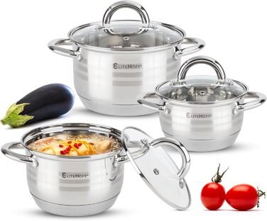 Набор из 3 кастрюль из нержавеющей стали со стеклянными крышками, 6 предметов E-4303 EliteHoff