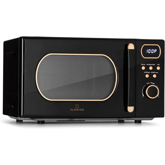 Мікрохвильова піч Klarstein з грилем, 800 Вт, 3-в-1 з нержавіючої сталі, мала об&39єм 20 літрів з функцією розморожування та піци, обертовий піднос, компактна, проста у використанні (чорна)