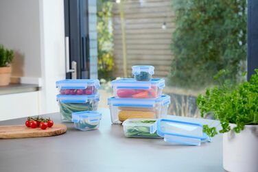Набір контейнерів для зберігання харчових продуктів EMSA Clip & Close, прямокутні, 5 x 0,8 л, коробки для зберігання, 100 герметичні, придатні для миття в посудомийній машині, морозильної камери та мікрохвильової печі, прозорі, сині, зроблені в Німеччині,