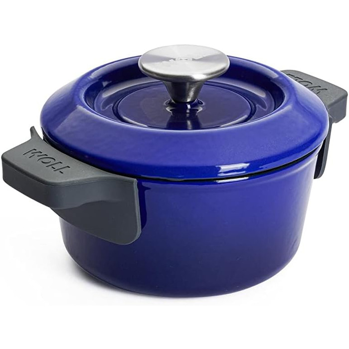 Чавунна каструля Ø 24 см, синього кольору з кришкою та силіконовими ручками Емальований чавун, підходить для індукції та духовки для всіх типів плит Ø 24 см, висота 11 см, 4,2 літра (кобальтово-синій, Ø 16 см, висота 8 см, 1,3 літра)
