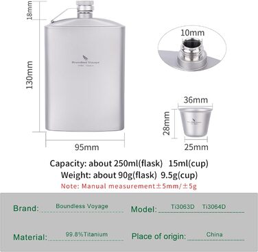 Мл Титановая фляга для бедра Карманный кувшин Открытый плоский бутылка для ликера Кемпинг Ультралегкий винный горшок с воронкой Ti3061D (бутылка 250 мл с кружкой 15 мл-ti3064D), 200