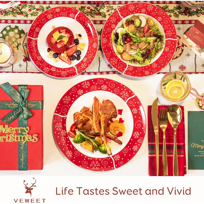 Серія 30-предметний порцеляновий різдвяний набір посуду на 6 осіб, різдвяний кавовий сервіз на 6 обідніх тарілок, 6 десертних тарілок, 6 супових тарілок, 6 кавових чашок та 6 блюдець (Christmastrele, обідній сервіз на 18 осіб)