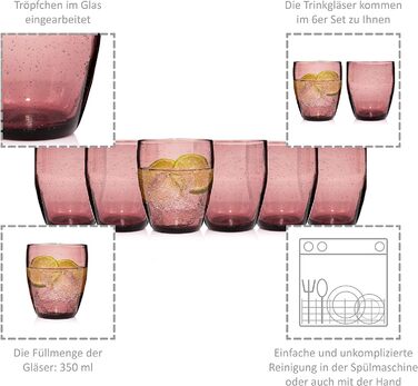 Набор бокалов для питья Singer Porto Набор стеклянных бокалов из 6 предметов на 6 человек, стакан для воды, разноцветный, уникальная огранка, повседневный, семейный ужин, офис, набор стаканов для сока на открытом воздухе 310 мл (London Purple 6 шт.)