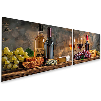 Друк на полотні Сільський натюрморт з пляшками вина, келихами, виноградом, сиром, хлібом на дерев&39яному столі Картини Настінний художній постер (полотно 160x40 см - 2 частини)