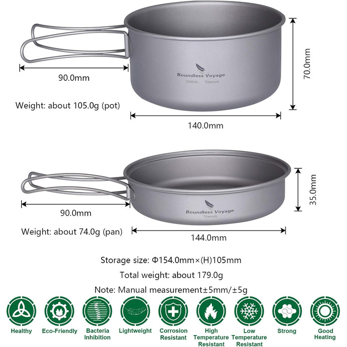 Безмежна подорож на відкритому повітрі 750 мл 800 мл 1100 мл 1300 мл Титанова каструля з кришкою Складна ручка для застави Кемпінг Піші прогулянки Пікнік Ультралегка портативна пляшка для води Чашка Кухоль Набір свиней (Ti15114A 1000500)