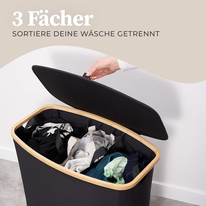 Ящик для білизни Hennez 150 л - Кошик для білизни 3 відділення - з кришкою - Сортувальник білизни з мішком для білизни - Кошики для білизни - Чорний бамбук - Контейнер для білизни - Система сортування білизни - Збірник білизни 2) Чорний 150л