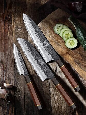 Ніж HOSHANHO Santoku Ніж ручного кування, ніж Сантоку Гостре лезо 18 см Кухонний ніж з японської серцевини VG10 Ніж для кухарів з ергономічною ручкою Подарункова коробка (набір ножів 3 шт.)