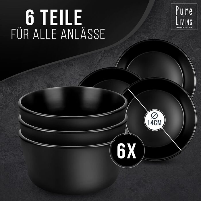 Набір тарілок для сніданку з 6 шт. Manhattan в чорному кольорі - керамограніт преміум-класу, для посудомийної машини, мікрохвильової печі - стильний набір чорних тарілок матовий - чистий посуд для вітальні Urban Black Line (миски (6x))