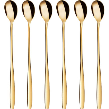 Набір ложок GRWE для лате макіато, золотий, 6 предметів, 22 см, довгі ложки, ложки для коктейлів, десертні ложки, ложки для морозива, ложки для кави з льодом, нержавіюча сталь, можна мити в посудомийній машині (золотий)