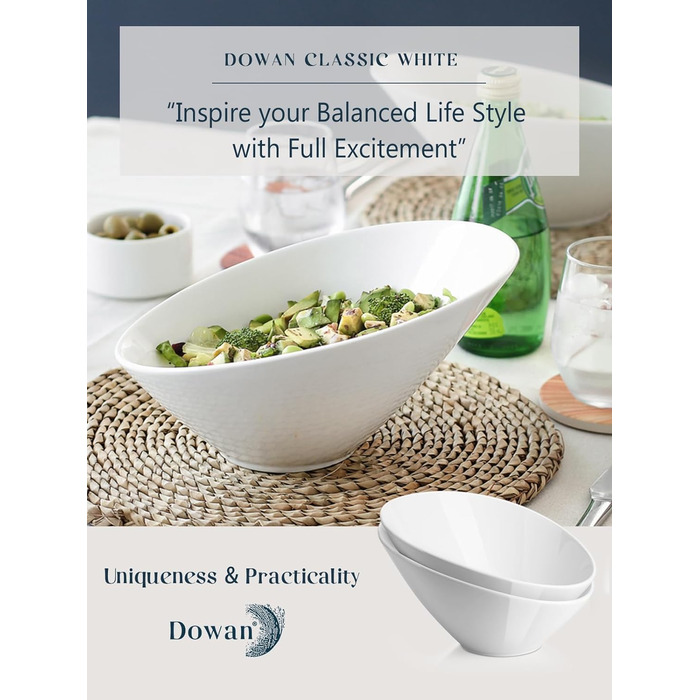 Салатник керамічний 770 мл, набір 2 предмети, білий Dowan