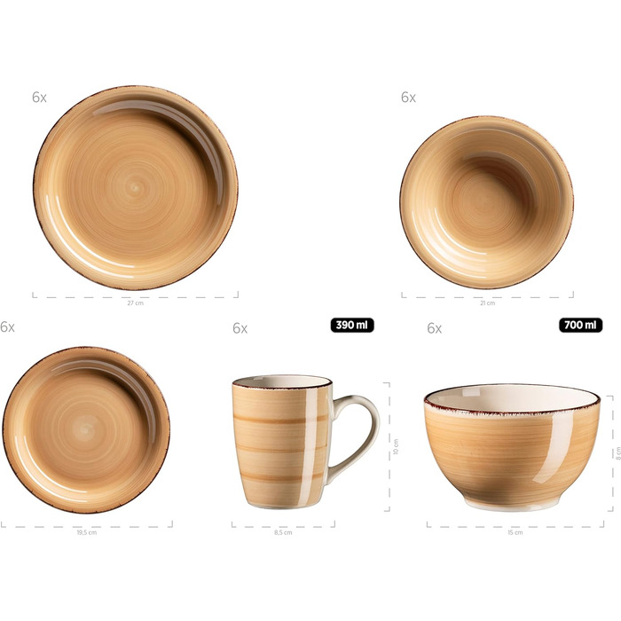 Набор винтажной посуды из 30 предметов на 6 персон, керамический сервиз с ручной росписью, керамогранит, (бежевый)