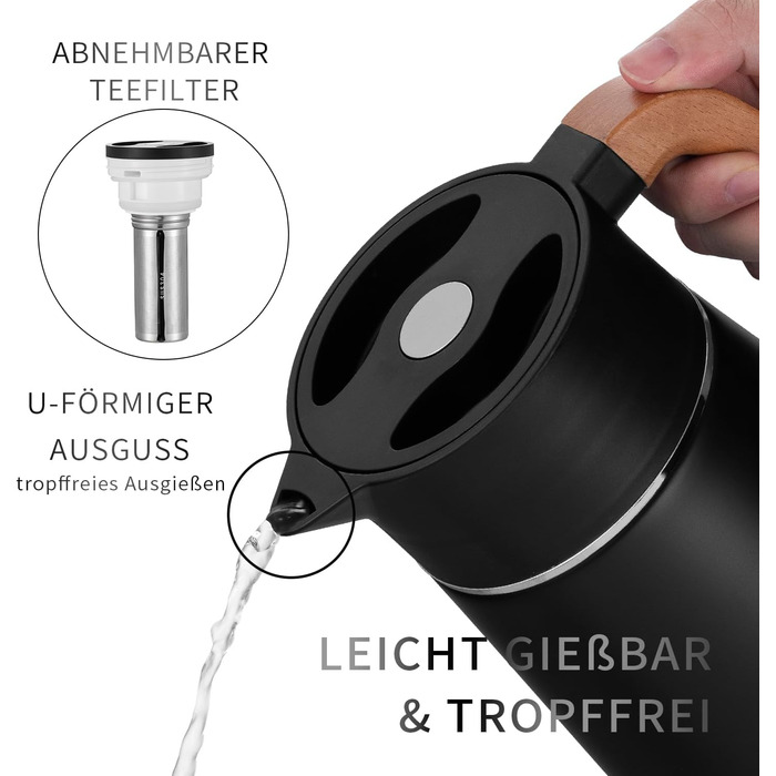 Термоглечик з чайним фільтром 1,5 л, чорний VETIN