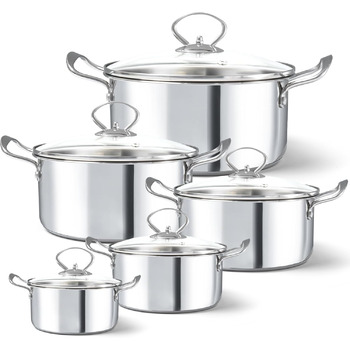 Набір з 5 каструль з нержавіючої сталі зі скляними кришками, сріблястий HOUSLUX