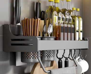 Підвісна підставка для спецій з металу, міцна кухонна полиця, настінна підставка для спецій, органайзер для спецій, кухонний органайзер, підставка для спецій з тримачем для рушників, Daojai, гачки та тримач для столових приборів, сіра, (40 см, сіро-сірий)