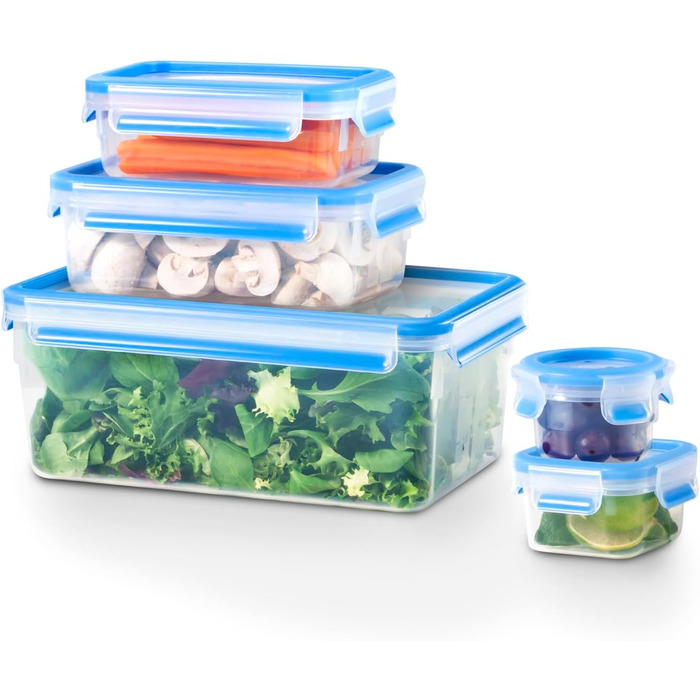 Набір контейнерів для зберігання харчових продуктів EMSA Clip & Close, прямокутні, 5 x 0,8 л, коробки для зберігання, 100 герметичні, придатні для миття в посудомийній машині, морозильної камери та мікрохвильової печі, прозорі, сині, зроблені в Німеччині,