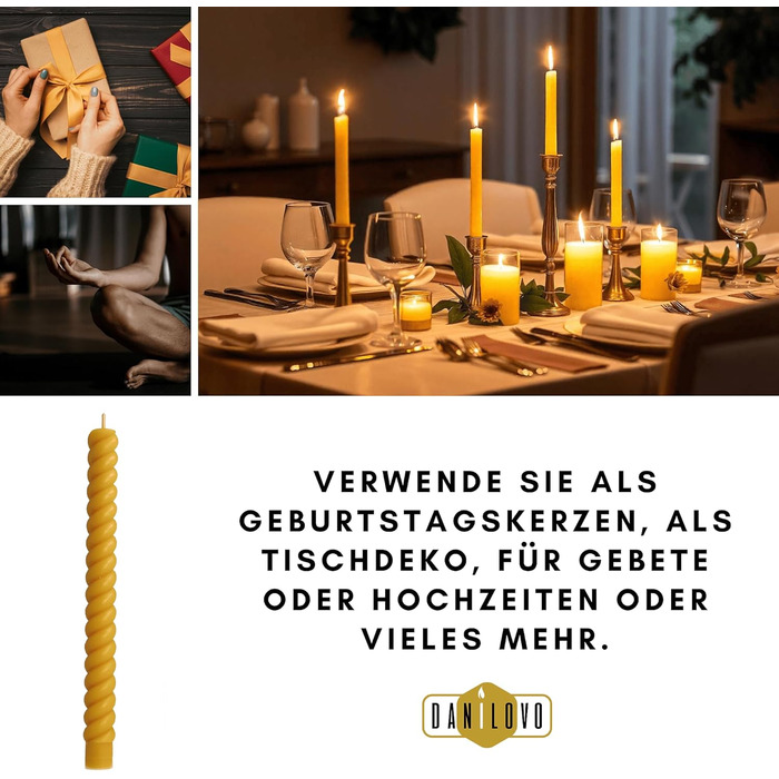 Набір з 4 конічних спіральних свічок 2 х 25 см з бджолиного воску, жовтий Danilovo