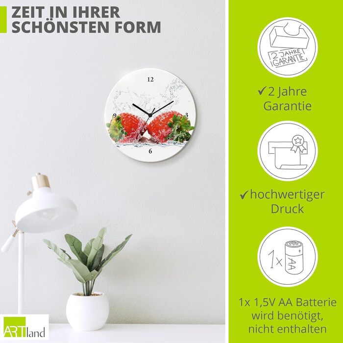 Настінний декоративний годинник без цокання скла Ø 30 см круглий безшумний фрукт апельсин у воді фрукти сучасна їжа T5UI (полуниця з бризками води, кварцовий годинник)