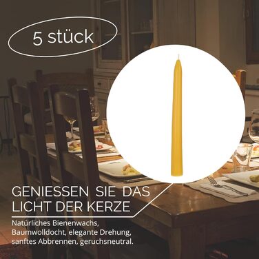 Набір з 5 конічних свічок 2 х 25 см з бджолиного воску, жовтий Danilovo