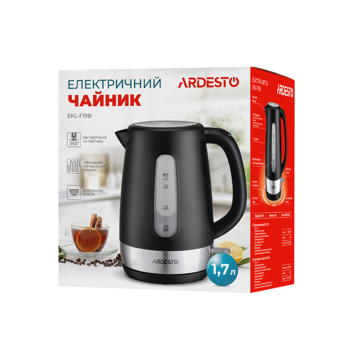 ARDESTO Електрочайник 1.7л, Strix, пластик, чорний матовий