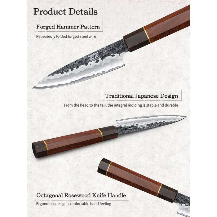 Ніж HOSHANHO Santoku Ніж ручного кування, ніж Сантоку Гостре лезо 18 см Кухонний ніж з японської серцевини VG10 Ніж для кухарів з ергономічною ручкою Подарункова коробка (ніж для чищення 9,5 см)