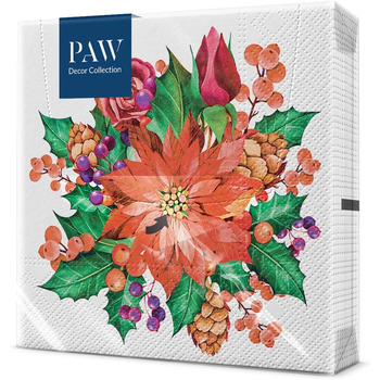 Серветки 3-шарові (33 x 33 см) I 20 шт. I Різнокольорові паперові серветки, ідеальні для різдвяного столу I Серветки - Різдво, зима, зірки, сніг, сніговики I (Пуансетія з шишками)