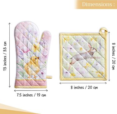 Рукавички для духовки Maison d&39 Hermine, Прихватки для каструль, 100 бавовна, термостійкі кухонні рукавички, рукавички для духовки (19 x 33 см) та прихватки для каструль (20 x 20 см) для приготування їжі, Morzine - Рукавички для духовки (19 x 33 см) та 