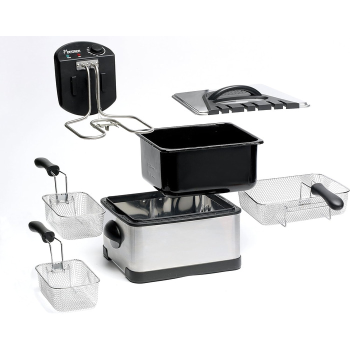 Фритюрница Bestron XL с 3 корзинами для жарки, включая технологию холодной зоны и семный контейнер для масла, 4 литра, можно мыть в посудомоечной машине, 2000 Вт, нержавеющая сталь, цвет (серебристый)