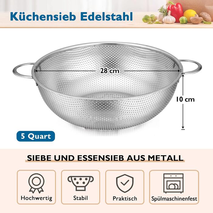 Набор дуршлагов Herogo из 3 шт., кухонный дуршлаг из нержавеющей стали с ручками, микроперфорированное ситечко для капель, металлический кухонный дуршлаг для слива и тренировки лапши, риса, фруктов, овощей, можно мыть в посудомоечной машине, 16 см / 22 см