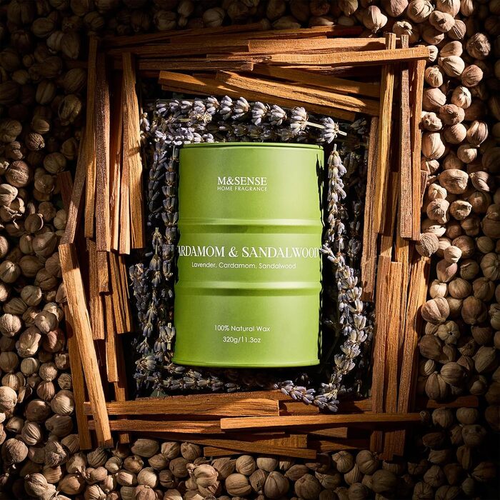 Ароматичні свічки M&SENSE з натурального соєвого воску, натуральна соєва свічка для домашнього декору, тривалий час горіння до 70 годин, класні подарунки-свічки для чоловіків і жінок (320 г, кардамон)