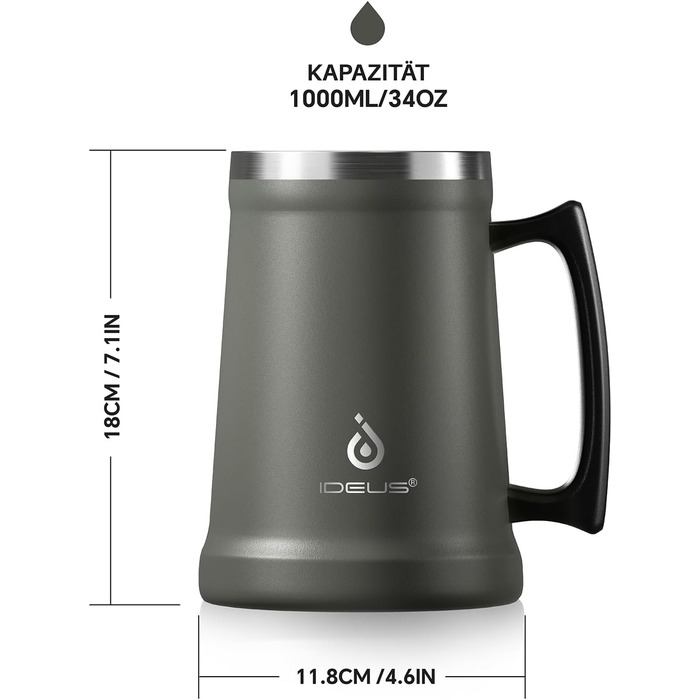 Термокухоль для пива 1 л сірий Ideus