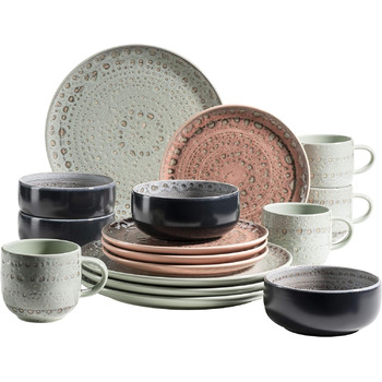 Набор посуды с ручной росписью MSER серии 931743 Spicy Market на 4 персоны в средиземноморском винтажном дизайне, комбинированный сервиз из 16 предметов из керамики, керамогранит (зеленый, розовый, синий)