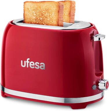 Тостер Ufesa 2 скибочки ретро класичний пінап, вінтажний дизайн, 850 Вт, 2 бутербродниці з дуже широкими слотами, для всіх видів хліба, 7 ступенів підрум'янювання, збірник кабелю, лоток для крихт (червоний)
