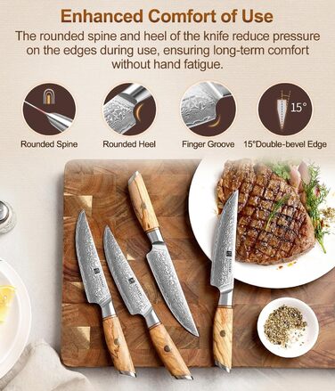 Набор из 4 ножей для стейка из дамасской стали 13 см с деревянным блоком XINZUO