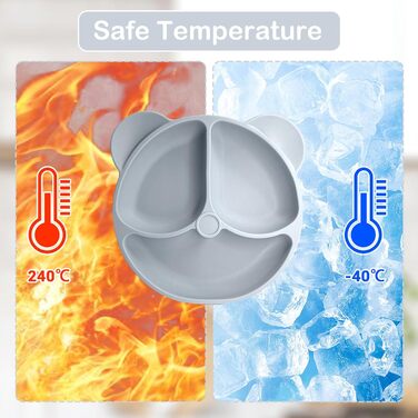 Силіконовий набір дитячого столового посуду Bizcasa з 9 предметів, нековзкий набір дитячого столового посуду, дитячий столовий посуд із присоскою, нековзна дитяча миска, дитяча тарілка, дитячий набір столових приборів для малюків, без BPA (сірий)