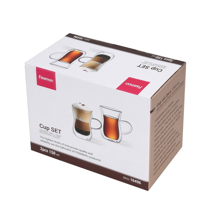 Набор из 2-х стаканов Fissman с двойными стенками 150 мл жаропрочное стекло (16496)