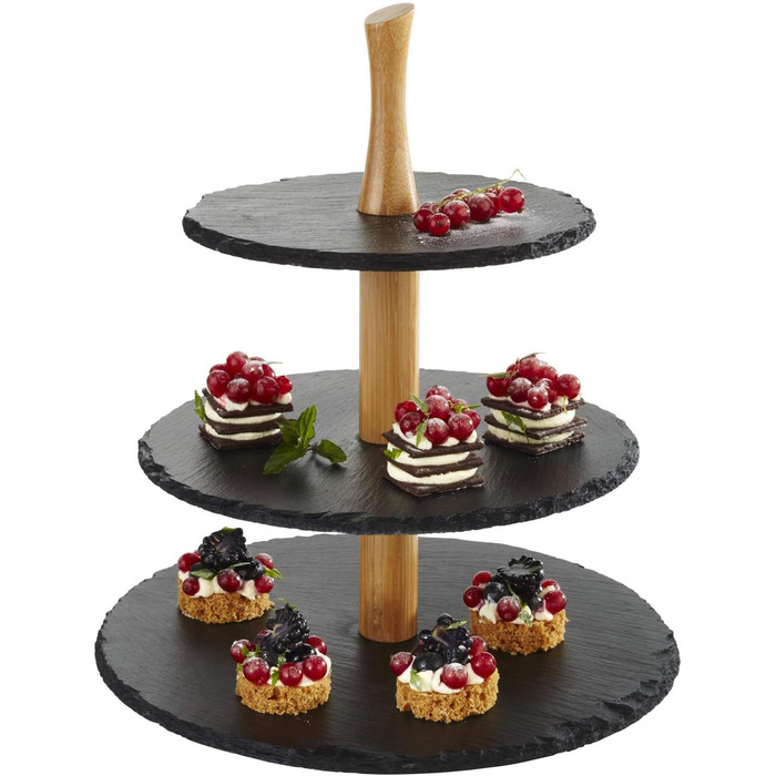 Ярусна підставка для торта, шиферні верхівки, Ø 30 см, Ø 25 см, Ø 20 см, В34 см, деревина акації Підставка для торта 3 ступені - кругла, 3-