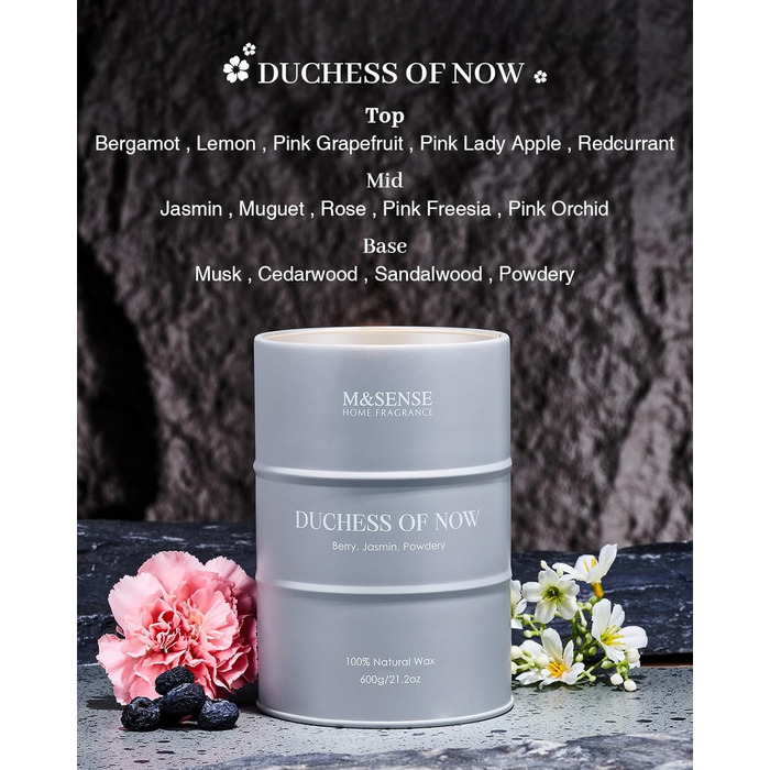 Ароматичні свічки M&SENSE з натурального соєвого воску, натуральна соєва свічка для домашнього декору, тривалий час горіння до 70 годин, класні подарунки-свічки для чоловіків і жінок (600 г, герцогиня Нові)