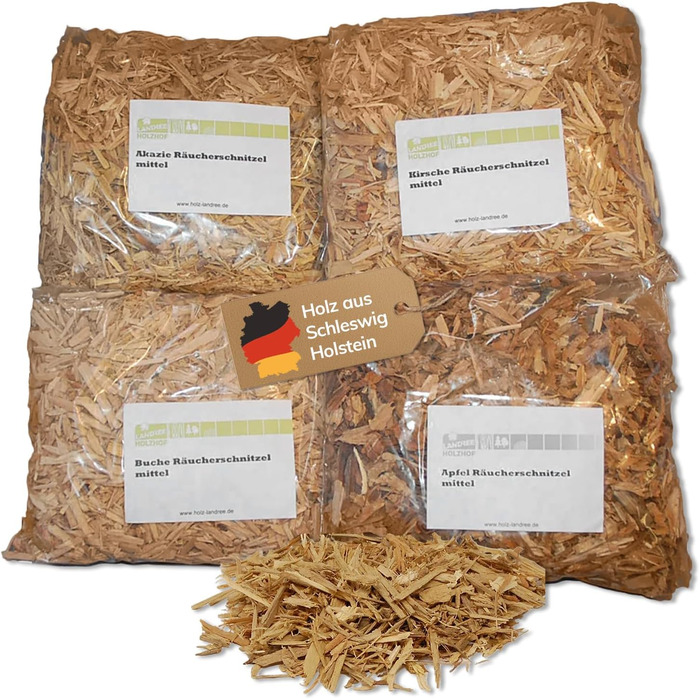 Коптильна стружка 2 л середній розмір, набір 4 предмети, Вишня, Яблуко, Акація, Бук Landree