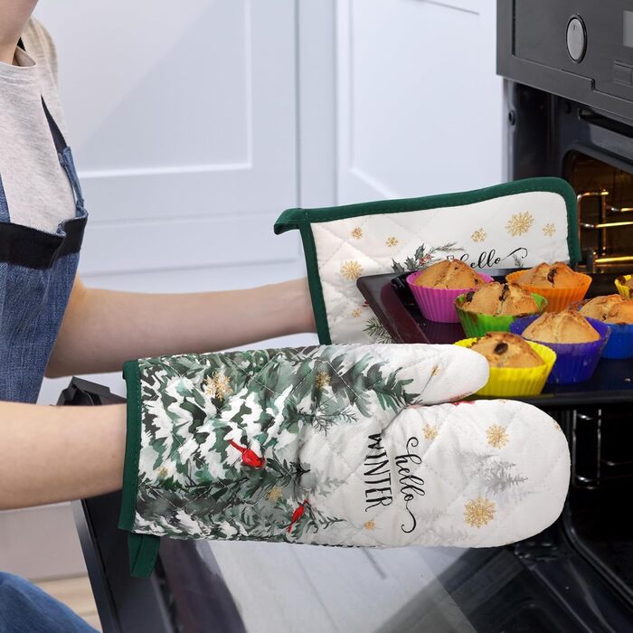Перчатка для духовки и прихватка для кастрюль, набор 2 предмета, Зимний лес Arquiel