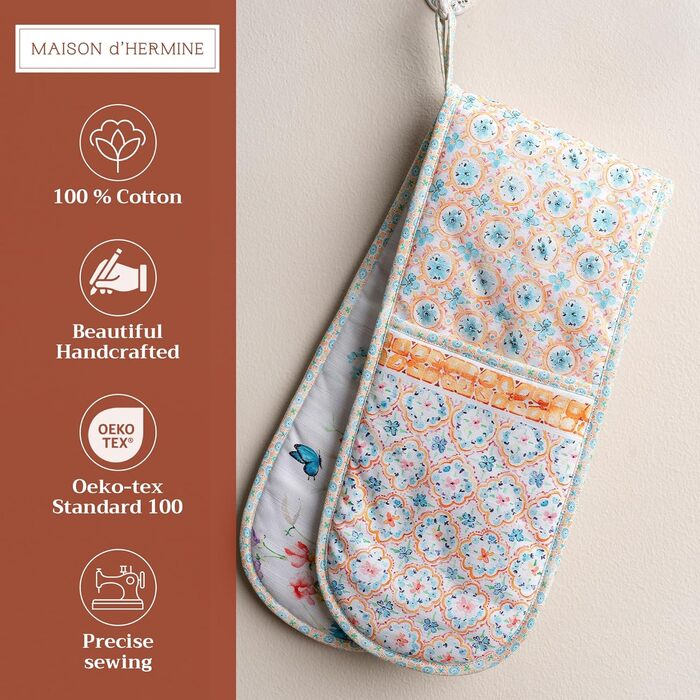 Рукавички для духовки Maison d&39 Hermine, Прихватки для каструль, 100 бавовна, термостійкі кухонні рукавички, рукавички для духовки (19 см x 33 см) та прихватки для каструль (20 см x 20 см) для приготування їжі, Морзін - Рукавички для духовки на День под