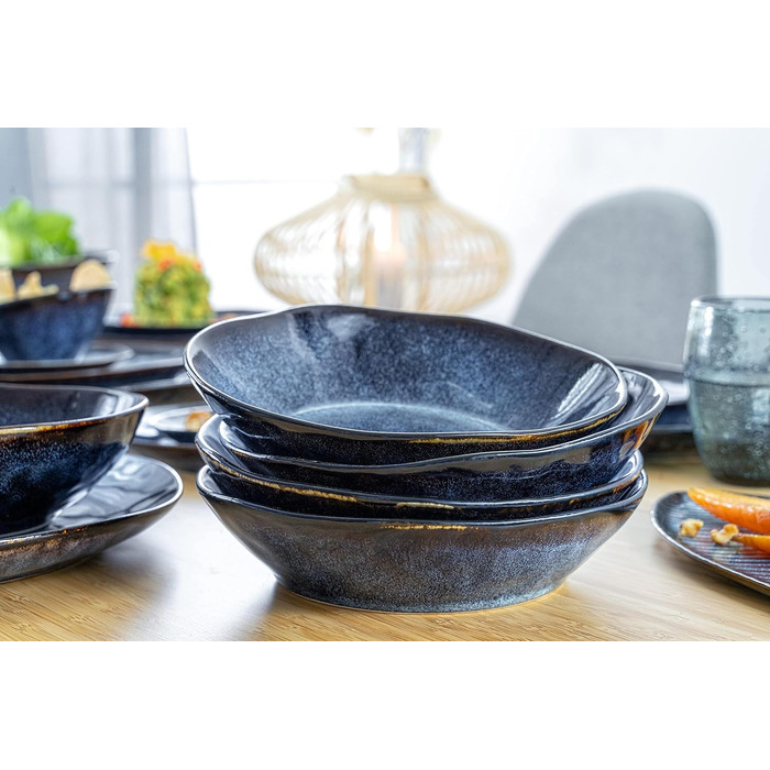 ПЕВЕЦ Тарелка для пасты Токио 4 шт., Тарелка для спагетти на 4 персоны, Набор посуды из керамогранита Макароны, Тарелка для лапши, Посудомоечная машина, Миска для пасты ручной работы, Миска для макарон сине-черная с коричневыми акцентами 1,2 л (суповая та