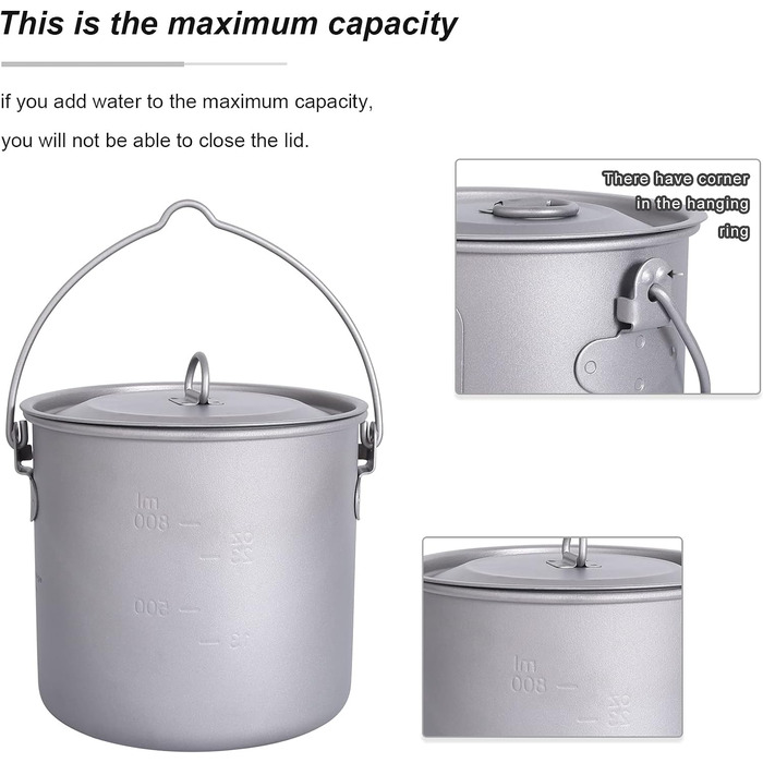 Кемпінгова кружка iBasingo Titanium Pot 750 мл / 900 мл / 1100 мл / 1250 мл Підвісний горщик Легкий посуд Портативний кухоль для чаю та кави з водою з кришкою та складною ручкою Посуд для виживання на відкритому повітрі для пікніка для походів (підвісний 