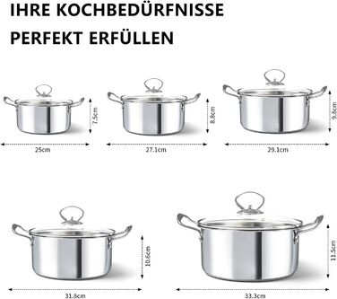 Набор из 5 кастрюль из нержавеющей стали со стеклянными крышками, светло-серебристый HOUSLUX