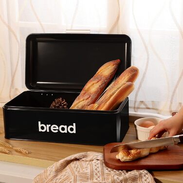Хлібниця Herogo, Чорна хлібниця з відкидною кришкою, вінтажна металева коробка для зберігання Контейнер для хліба, тостів, печива, великої місткості та сучасного дизайну (42 x 22,5 x 16 см)