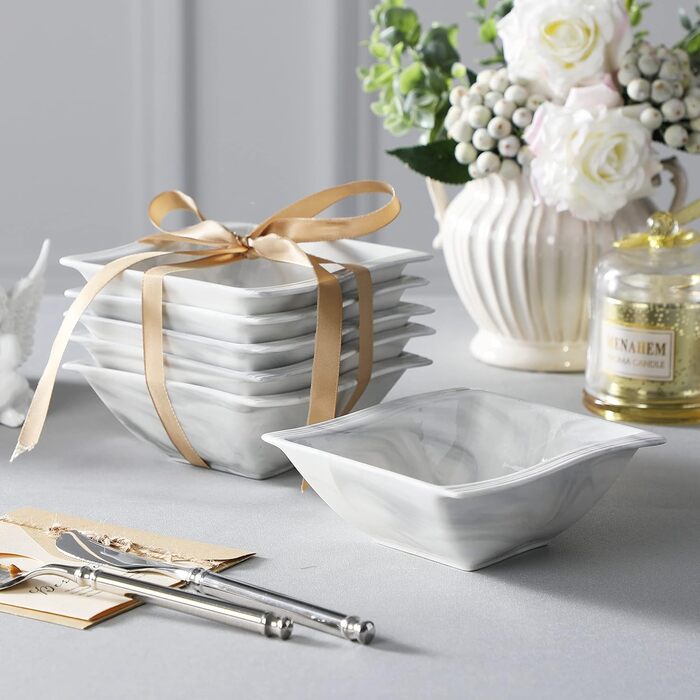 Серія FLORA, набір з 6 порцелянових креманки для каш, миски для рису 450 мл, закусочної миски, десертної миски для салату, супів, рамен, фруктів і т.д. 13,5x13,5x5,4 см (сірий, 6 шт. салатник)