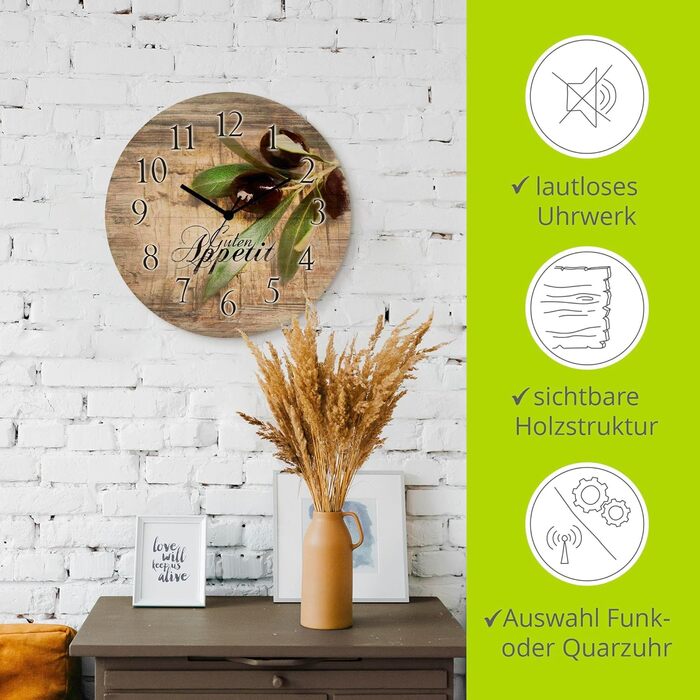 Настінний декор ARTLAND настінний годинник з дерева без цокання безшумний круглий Ø 30 см кухонний годинник кава капучино круасан T5XO Капучино та круасан (оливки, радіогодинник)